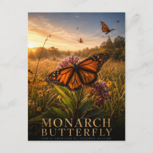 Postal Pradera de flores silvestres de la mariposa monarc
