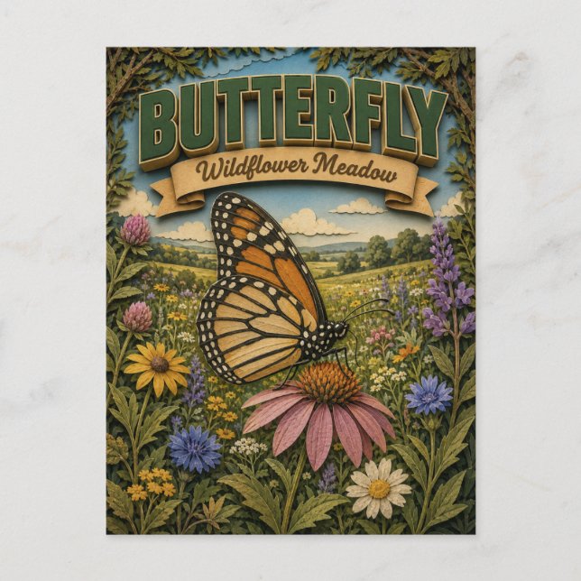 Postal Pradera de flores silvestres mariposa POPCUT (Anverso)