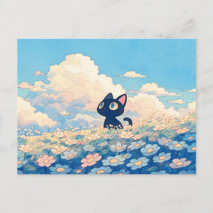 Postal Pradera de margaritas azules Kawaii Gato Negro