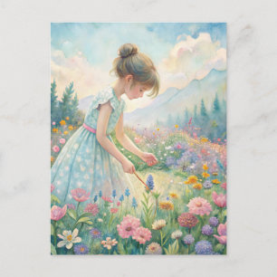 Postal Pradera de Niña Flores Silvestres Montañas Pastel