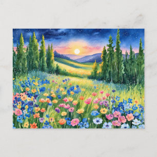 Postal Prado de flores silvestres bajo las estrellas al a