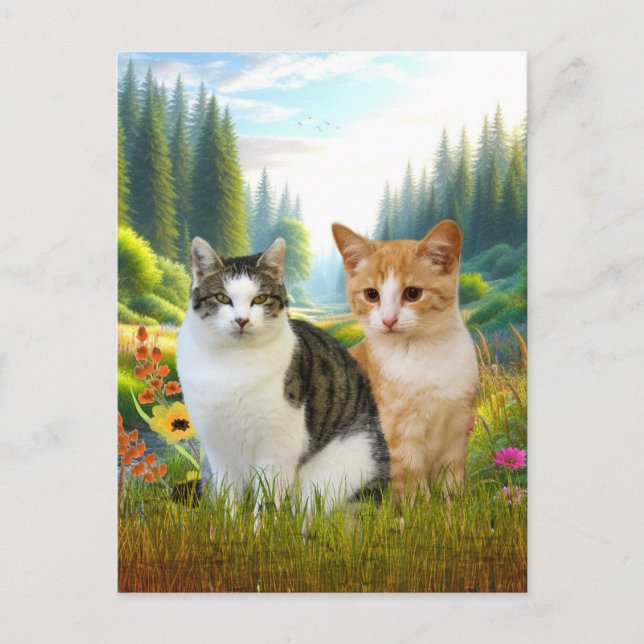 Postal Prado de flores silvestres con gatos (Anverso)
