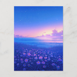 Postal Prado de flores silvestres moradas y mar estrellad