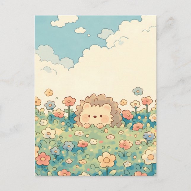 Postal Prado de flores silvestres pastel Kawaii erizo (Anverso)