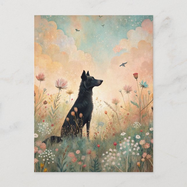Postal Prado de Flores Silvestres Perro Negro  (Anverso)