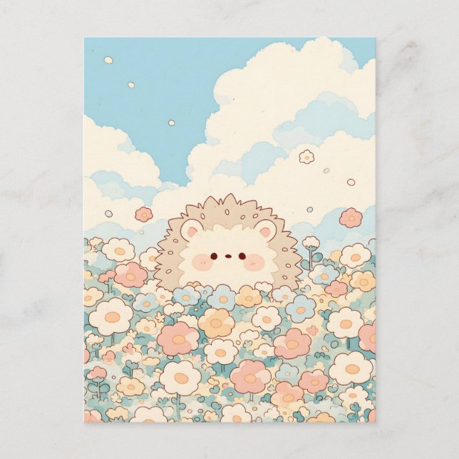 Postal Prado de Melocotón Suave Erizo Kawaii (Anverso)