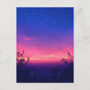 Postal Prado Nocturno Estrellado de Crepúsculo Rosa