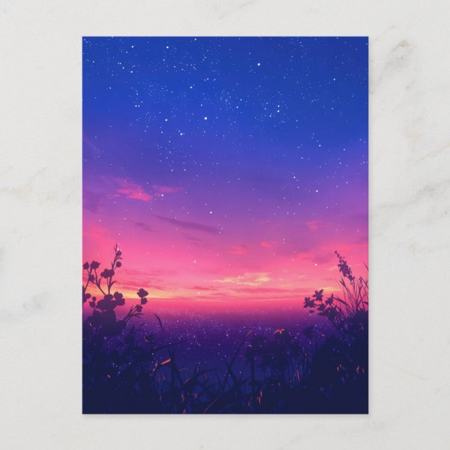Postal Prado Nocturno Estrellado de Crepúsculo Rosa (Anverso)