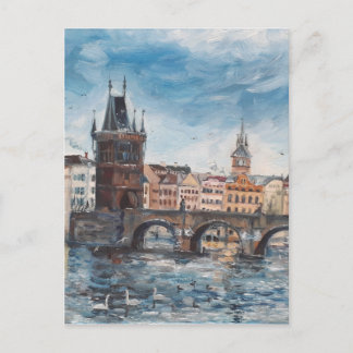 Postal Prag - pintura del puente de Carlos