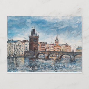 Postal Prag - pintura del puente de Carlos
