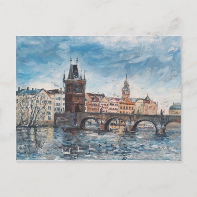 Postal Prag - pintura del puente de Carlos (Anverso)