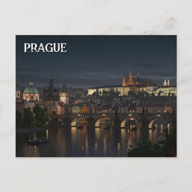 Postal Praga Castle y charles Bridge Night Travel (Anverso)
