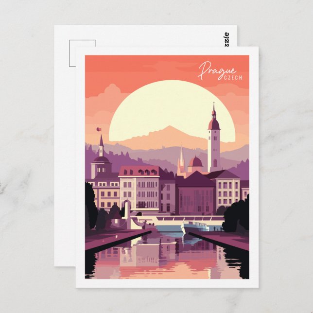 Postal Praga ilustracion de viaje vintage (Anverso / Reverso)