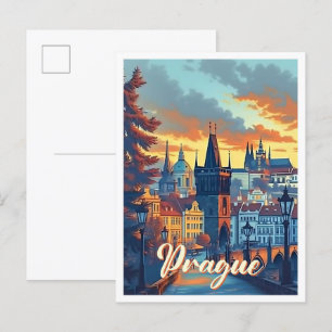 Postal Praga Ilustracion de viajes artísticos checos