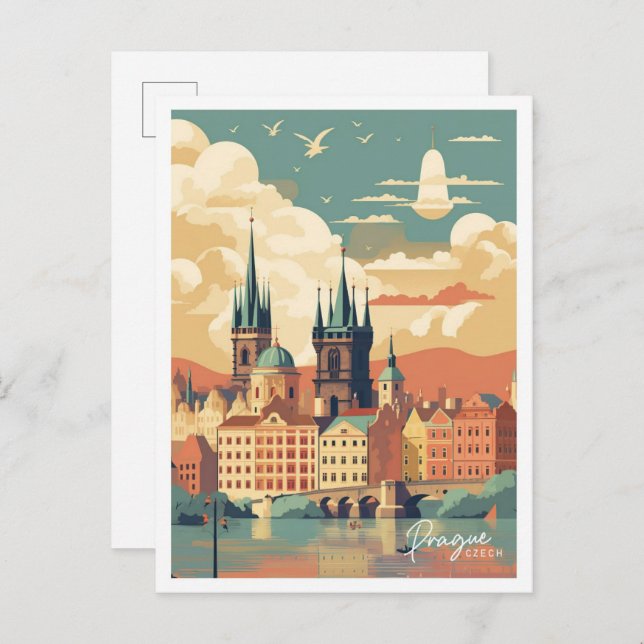Postal Praga Ilustracion de viajes por arte checo (Anverso / Reverso)