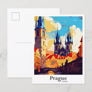 Postal Praga Ilustracion de viajes por arte checo