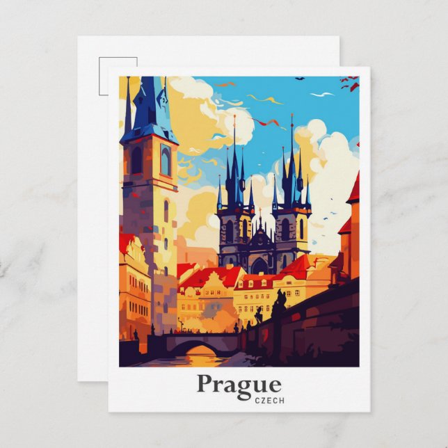Postal Praga Ilustracion de viajes por arte checo (Anverso / Reverso)