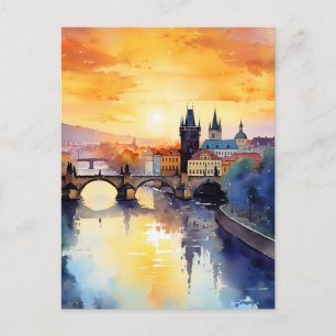 Postal Praga Puente Carlos Atardecer Acuarela Viaje