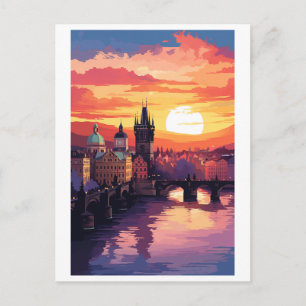Postal Praga Puente Carlos Atardecer Vintage Viaje