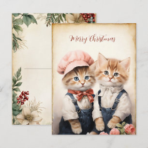 Postal Preciosa familia de dos gatitos en Navidad 