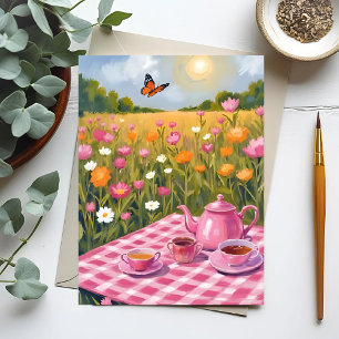 Postal Precioso Pícnic Rosa   Mariposa Té Campo Floral