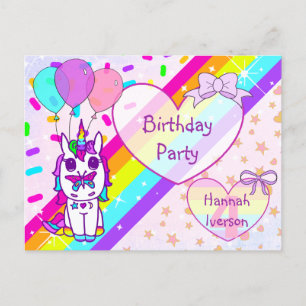 Postal Precioso Unicornio con Mariposa, Arcoíris, Purpuri
