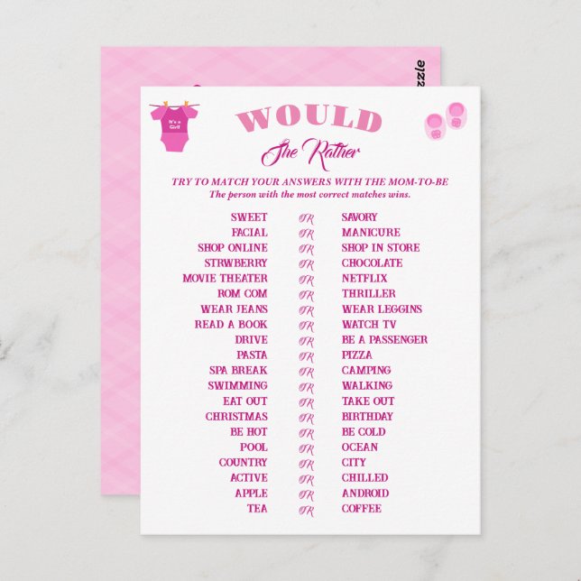 Postal Predicción y consejo de chicas de Baby Shower Game (Anverso / Reverso)