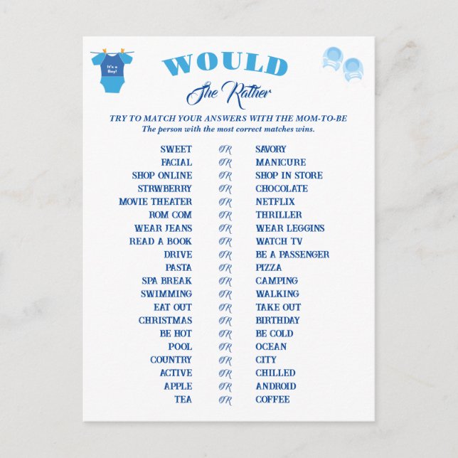 Postal Predicción y consejo de los juegos de Baby Shower  (Anverso)