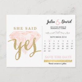 Postal pregunta, ella dijo que sí, brillo de oro y diaman