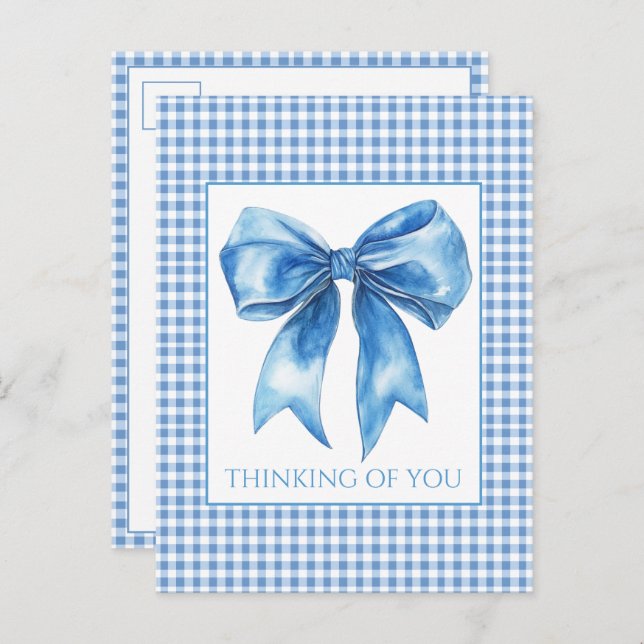 Postal Preppy Blue and White Gingham Plaid and Bow (Anverso / Reverso)