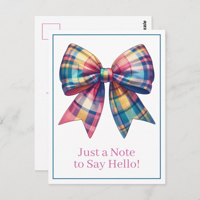 Postal Preppy Watercolor Plaid Bow Personalizado (Anverso / Reverso)