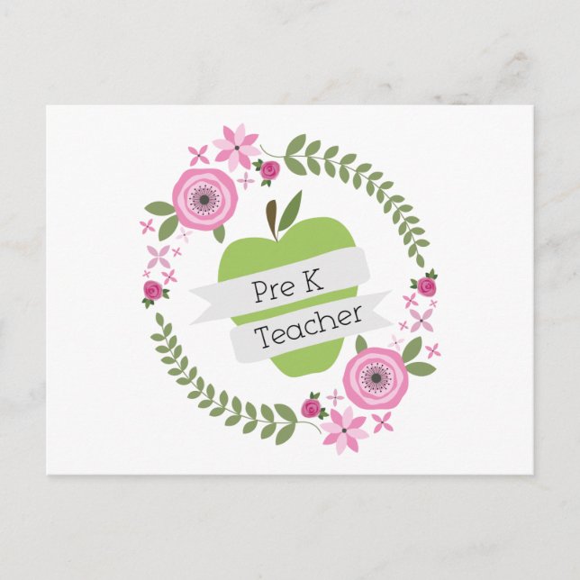 Postal Prer K Teacher Floral Wreath Green Apple (Anverso)