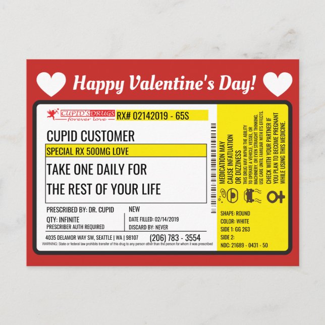 Postal Prescripción de amor de San Valentín del Dr. Cupid (Anverso)