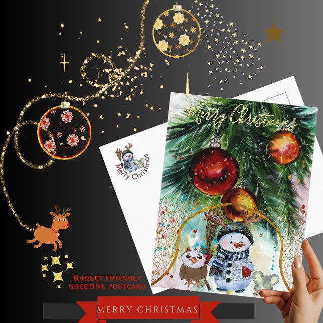 Postal presupuestaria del capataz de Snowman y los (Whimsical Snowman & Forest Friends Budget Postcard)