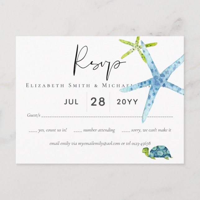 Postal PRESUPUESTO BEACH Sea Ocean Life Wedding RSVP (Anverso)