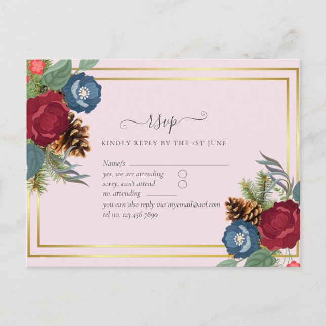 Postal PRESUPUESTO Boda de invierno Borgoña Azul Verde az (Anverso)