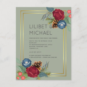 Postal PRESUPUESTO Boda de invierno Borgoña Azul Verde az