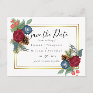 Postal PRESUPUESTO Boda de invierno Borgoña Azul Verde az