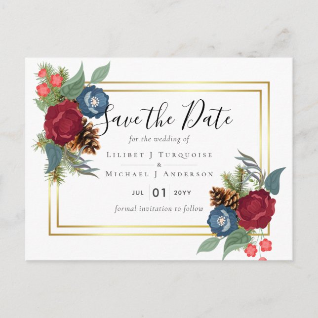 Postal PRESUPUESTO Boda de invierno Borgoña Azul Verde az (Anverso)