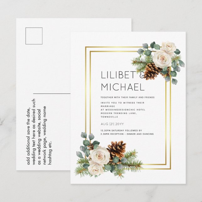 Postal PRESUPUESTO Boda de Invierno Rosas Blancas Doradas (Anverso / Reverso)