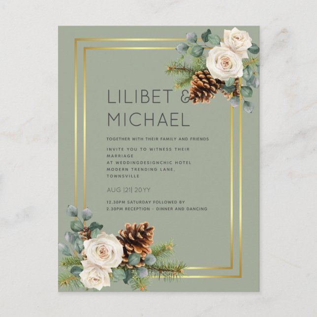 Postal PRESUPUESTO Boda de Invierno Rosas Blancas Doradas (Anverso)