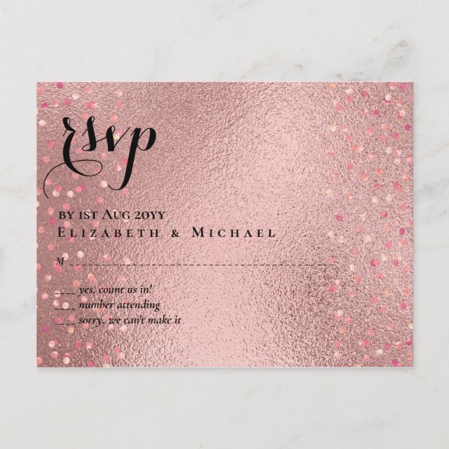 Postal PRESUPUESTO Boda de Rose Gold Purpurina Glam RSVP (Anverso)