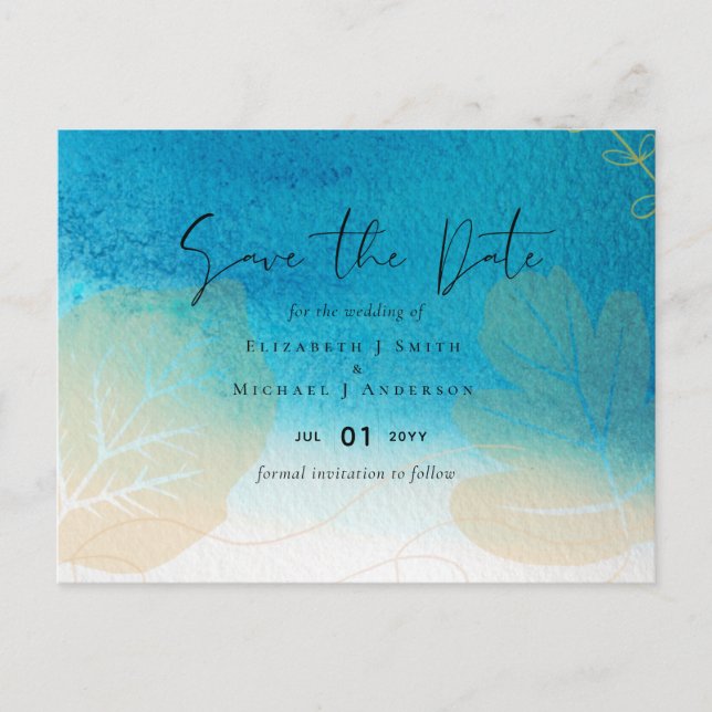 Postal PRESUPUESTO Boda Oceáno Azul Acuarela Guardar fech (Anverso)