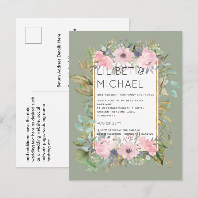Postal PRESUPUESTO Boda Rubor Floral Sage Greenery (Anverso / Reverso)