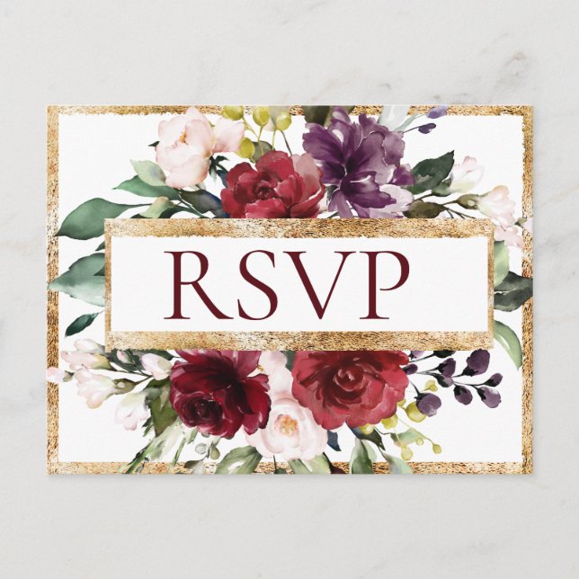 Postal Presupuesto Burgundy Monograma Floral Gold RSVP (Anverso)