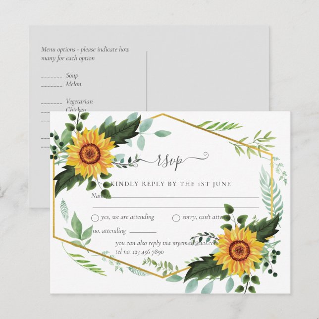 Postal Presupuesto de Boda Rústica de Campo con Girasoles (Anverso / Reverso)