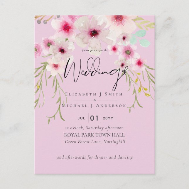 Postal Presupuesto del Boda floral rosado de Rubor (Anverso)