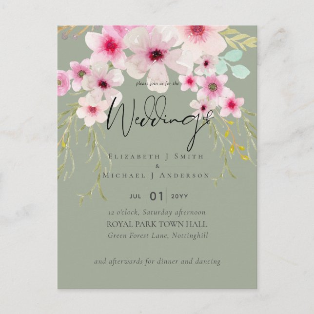 Postal Presupuesto del Boda floral rosado de Rubor (Anverso)