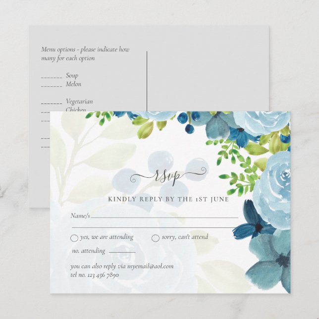 Postal Presupuesto Flores Dusty Blue Sage Boda (Anverso / Reverso)