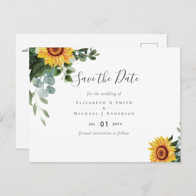 Postal PRESUPUESTO Girasoles rusos Eucalyptus deja Boda (Anverso / Reverso)